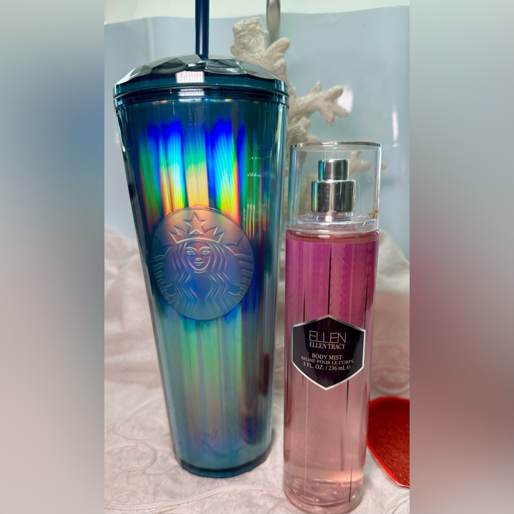 Starbucks Iridescent Blue Rainbow Tumbler with Ellen Tracy Soft Mist